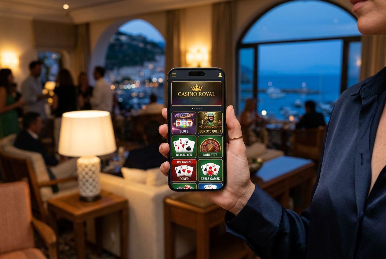 A luxurious and modern online casino interface on a smartphone screen.