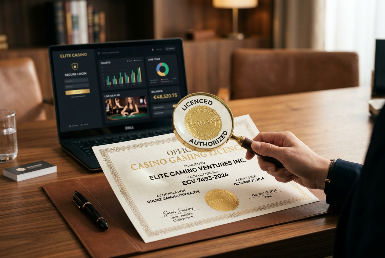A magnifying glass inspecting a legal gaming certificate.