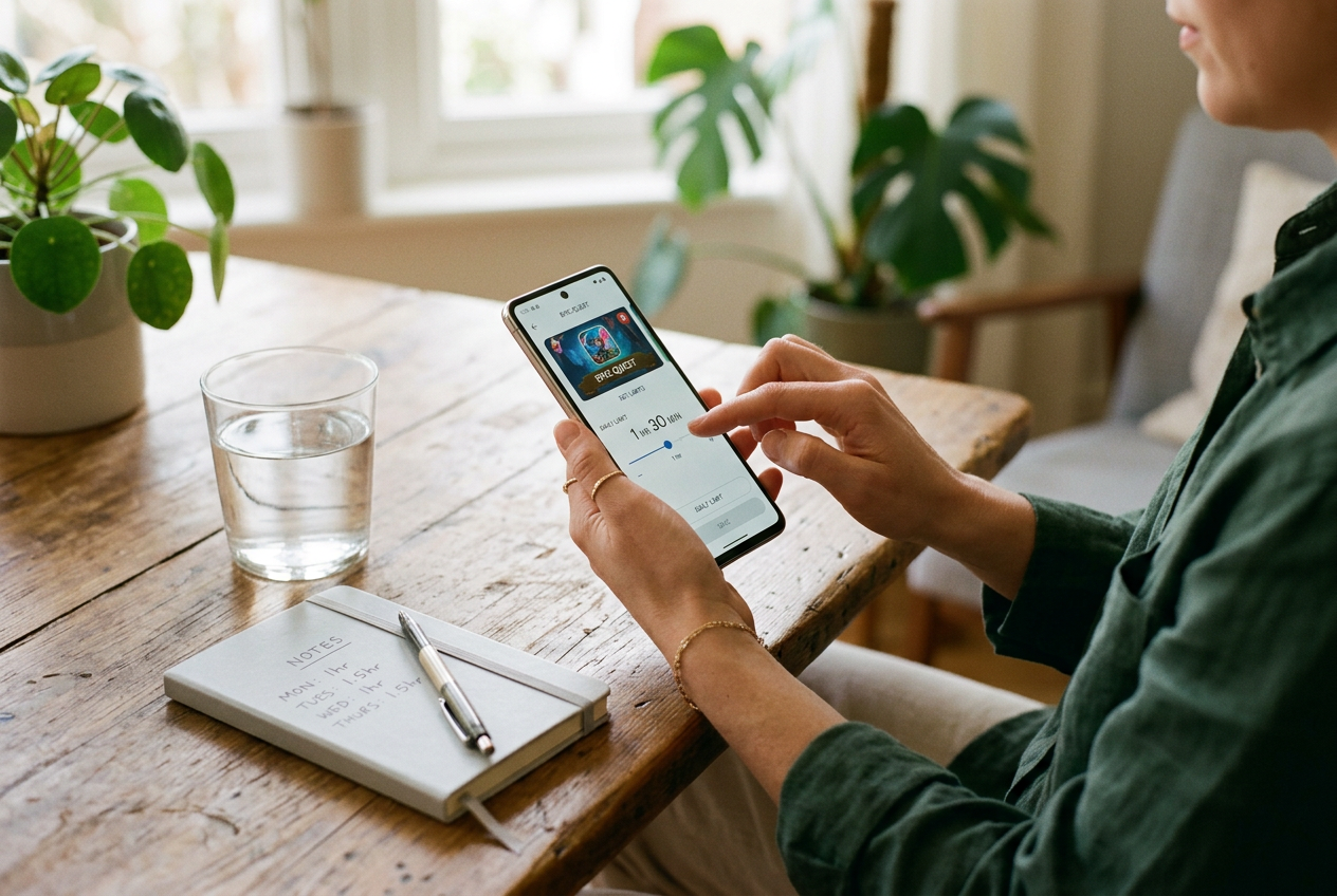 A smartphone displaying a responsible gaming app next to a glass of water.